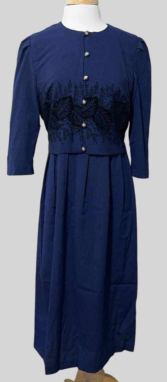 Miss Dorby Dress Womens 10P Navy Blue Velvet Leaves Tie Back Midi Classic